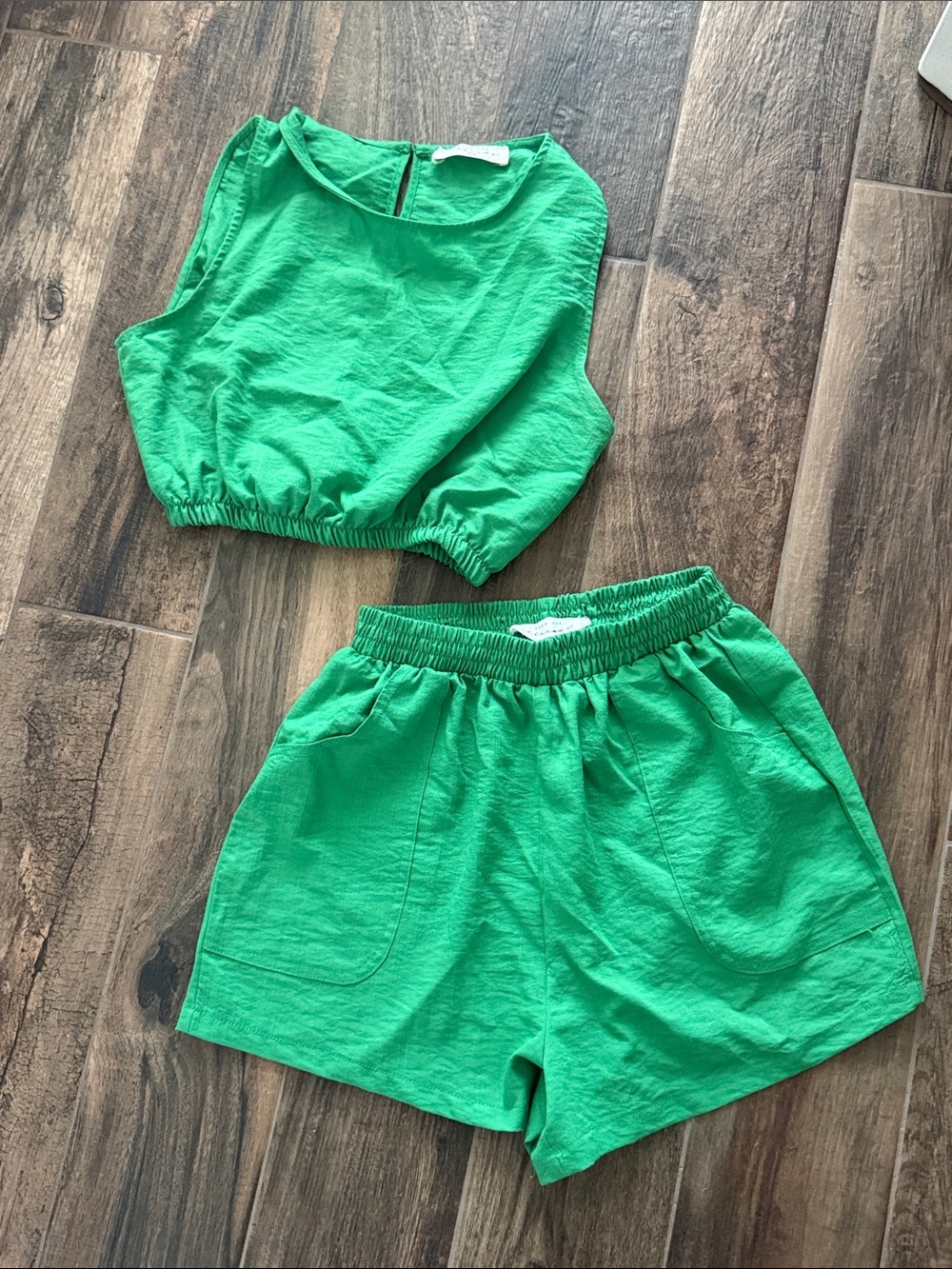 American Threads Green Cotton Blend Elastic-Waist Shorts Set